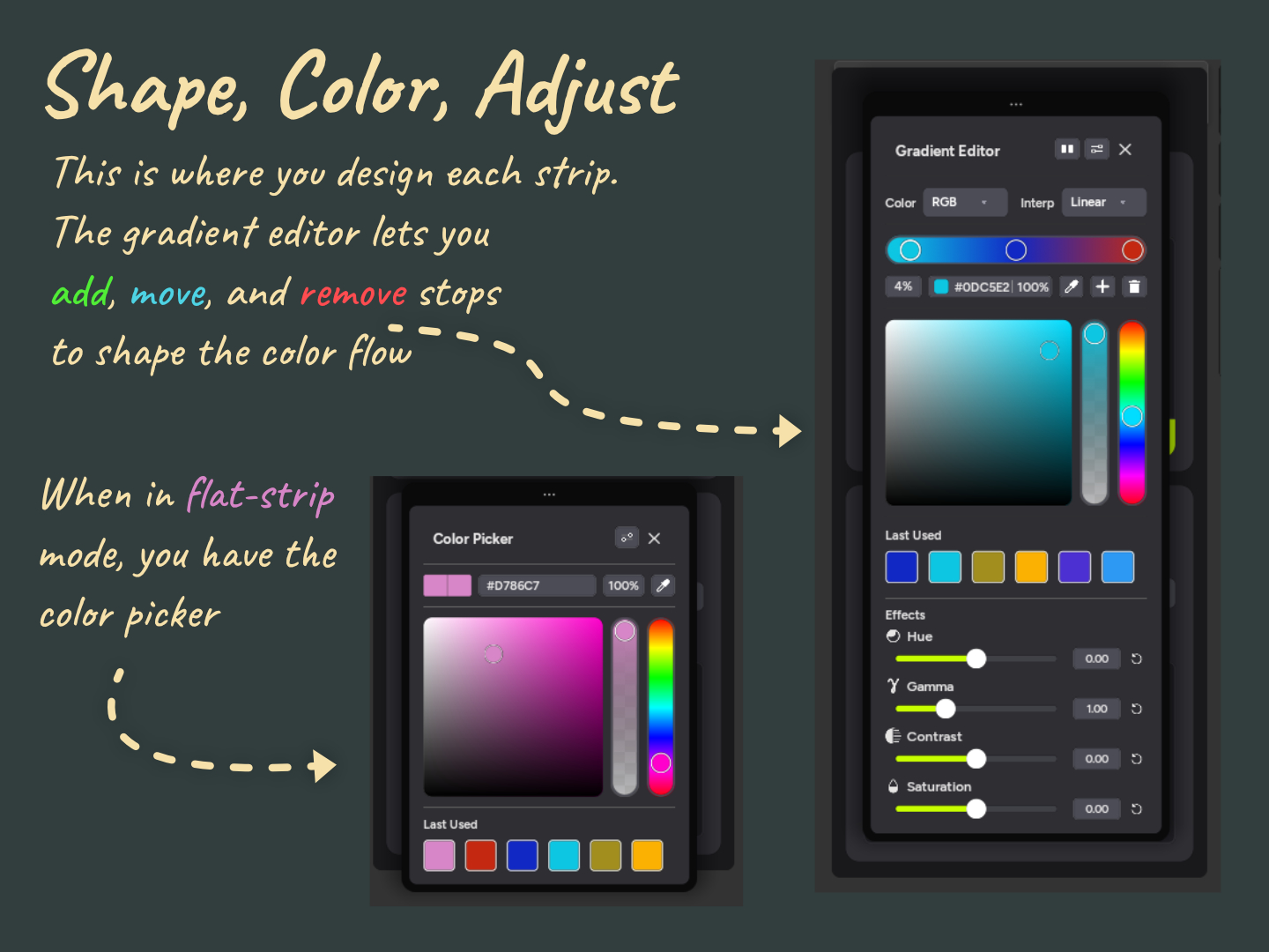Editing strips with gradient editor and effects