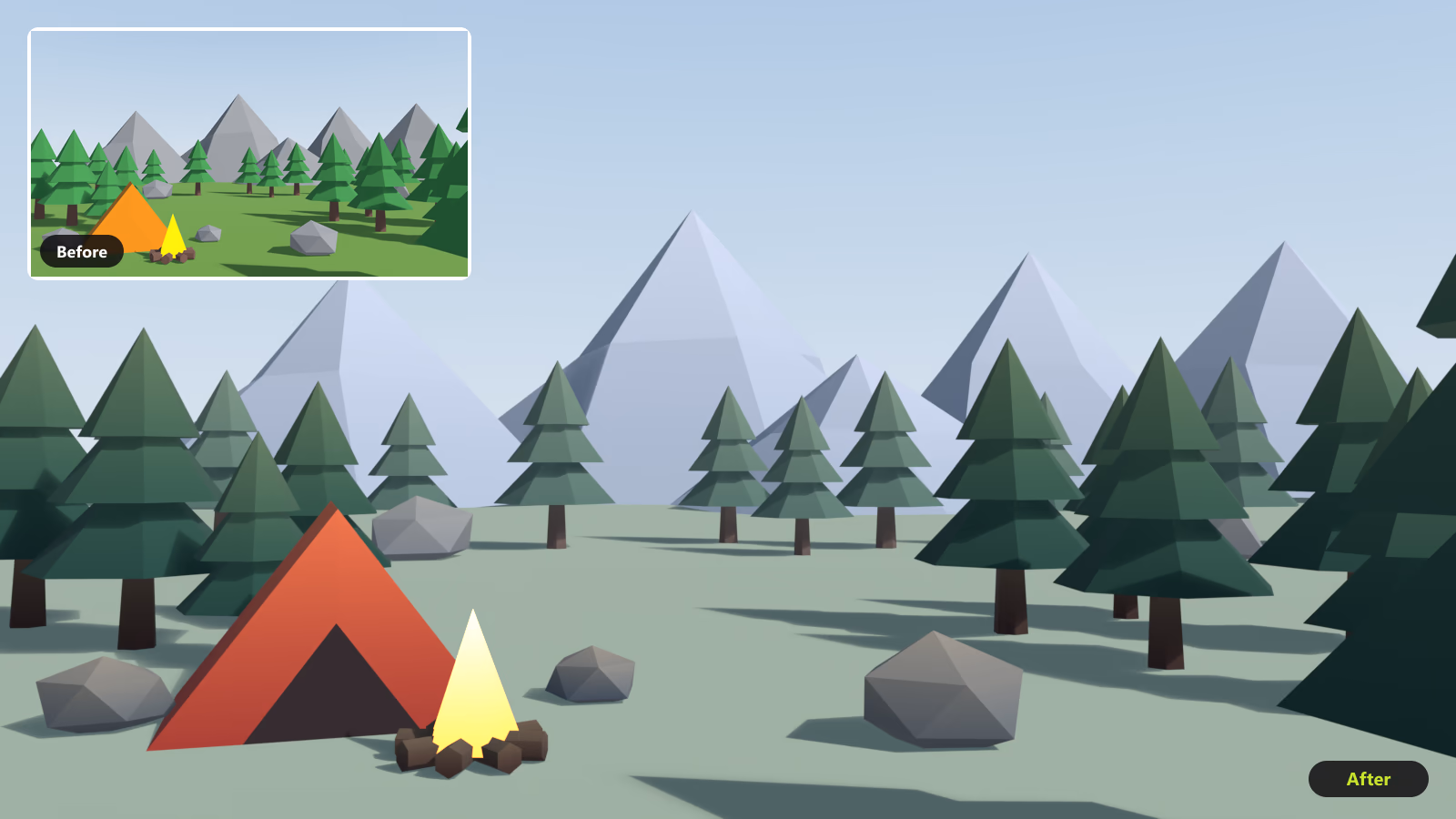 A low-poly campsite with a designed palette: a red tent and campfire in a clearing, layered blue mountains and misty far trees, with a small inset of the same scene before the palette fixes, in flat saturated greens and greys