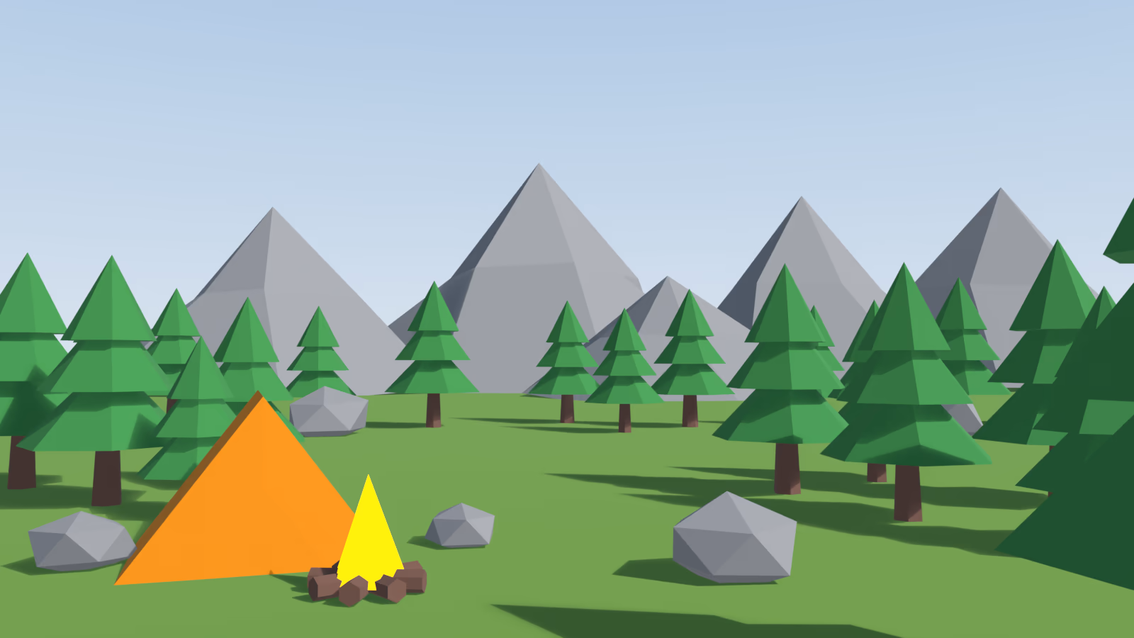 The bland low-poly campsite in flat saturated colors