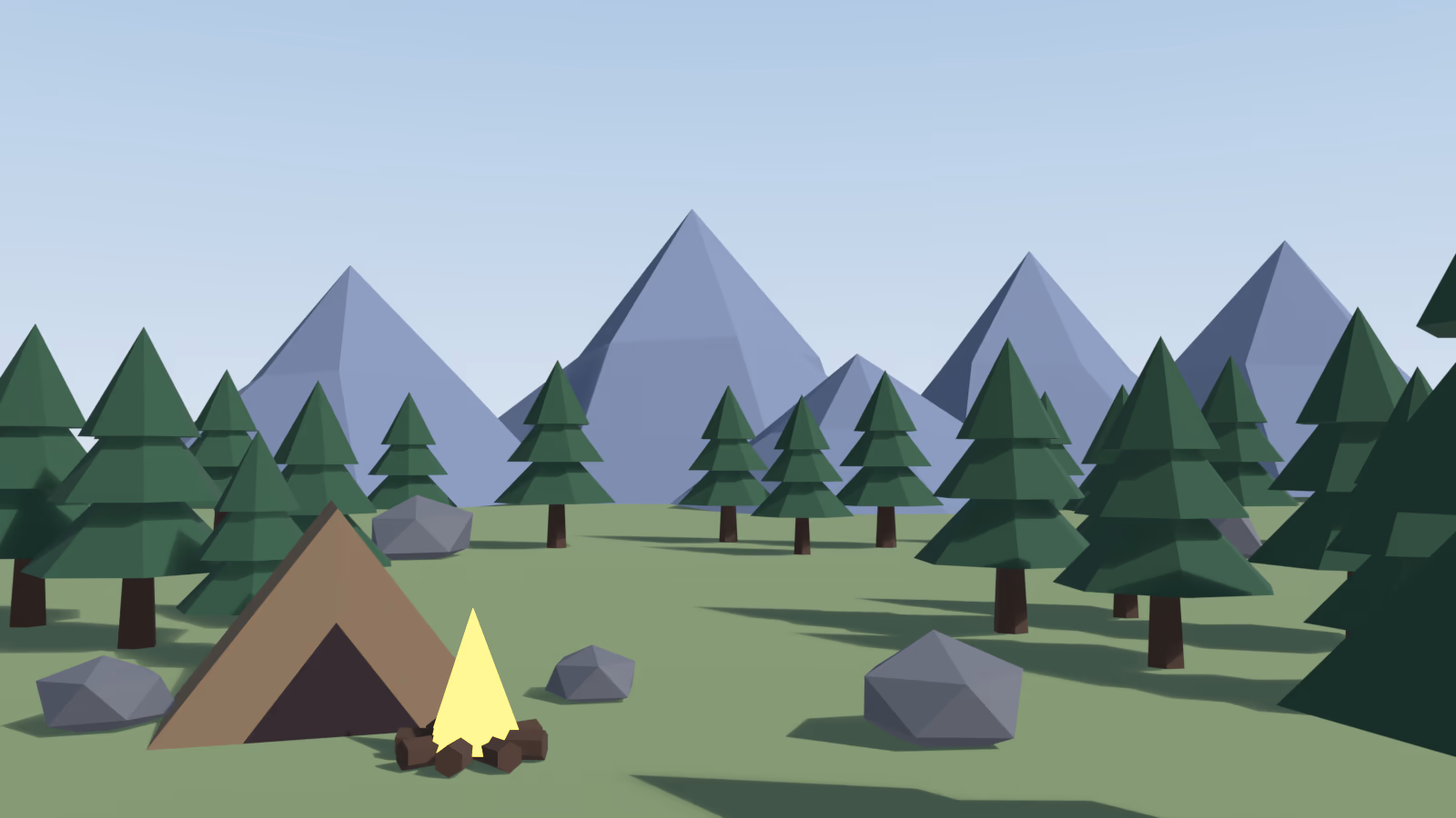 The same campsite with dark trees, darker rocks, mid-value mountains and a muted tent