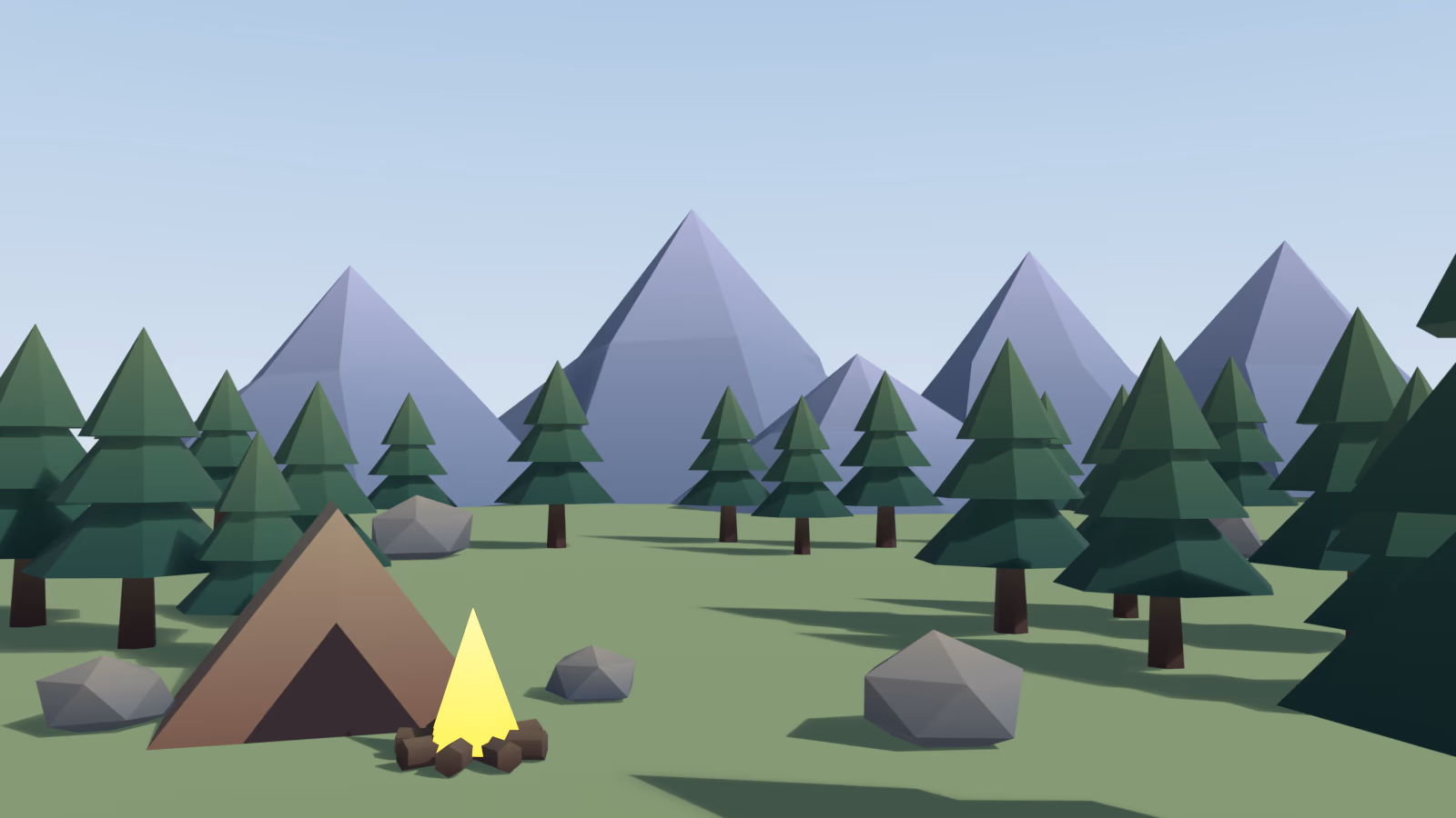 The same campsite with hue-shifted strips: teal tree shadows, yellow-green tree tops, cool rock shadows and warm rock tops