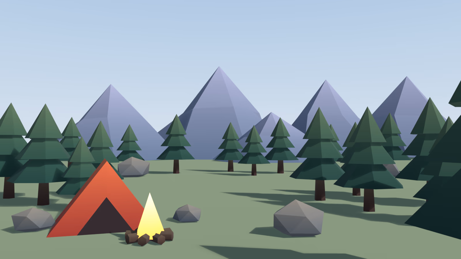 The same campsite with a saturated red tent and a hotter fire, complementary to the green environment