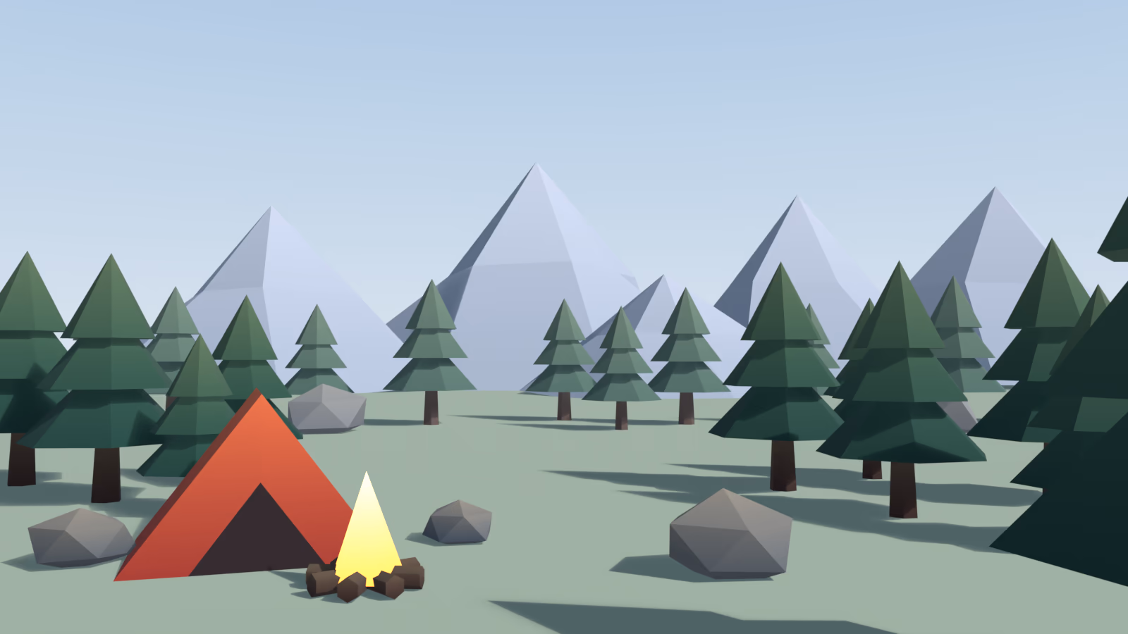 The same campsite where far trees are lighter and softer, mountains fade toward the sky and the ground lightens toward the horizon
