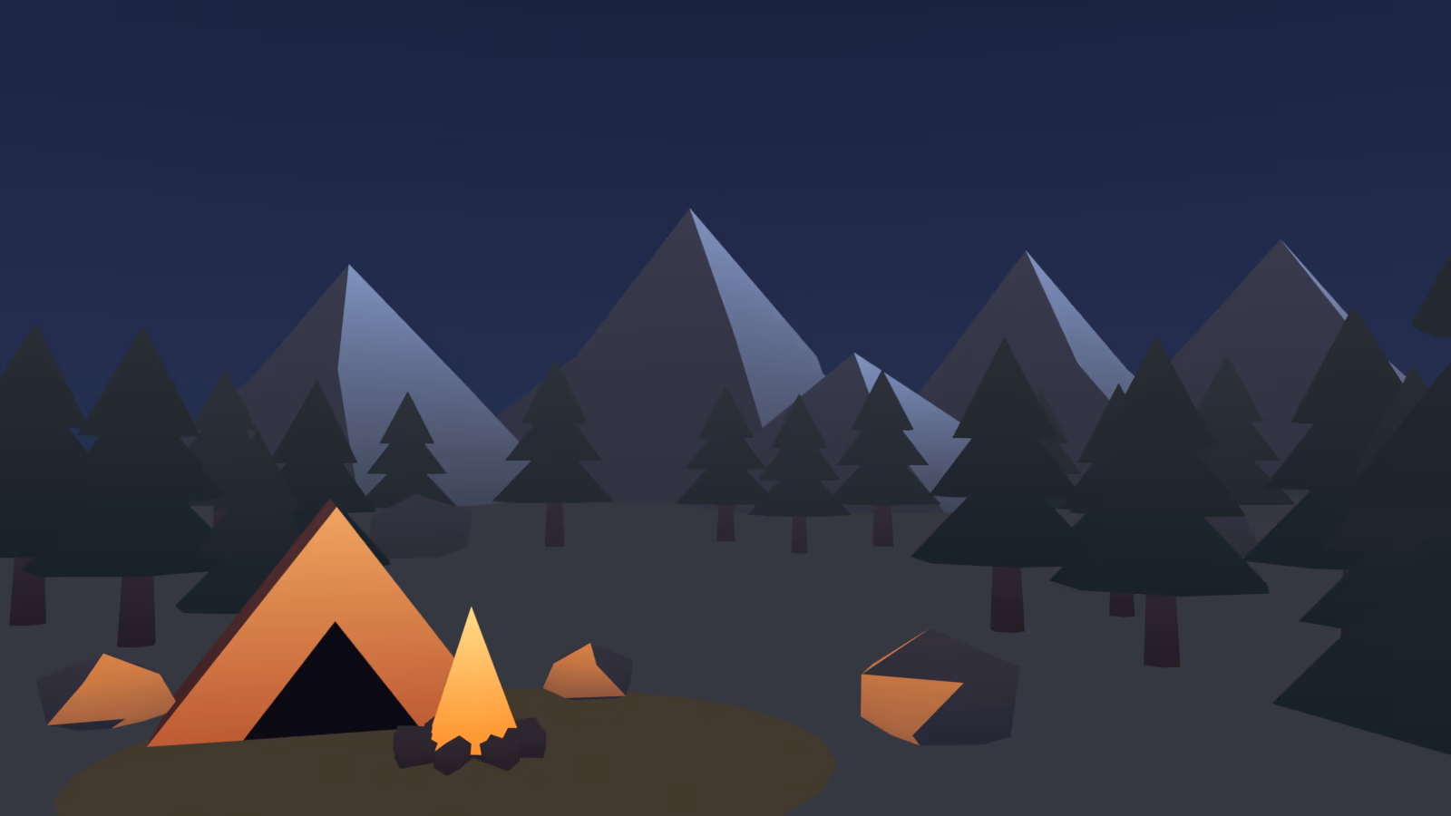 The same night campsite where the tent sides facing the fire, the nearby rocks and the ground around the fire glow warm