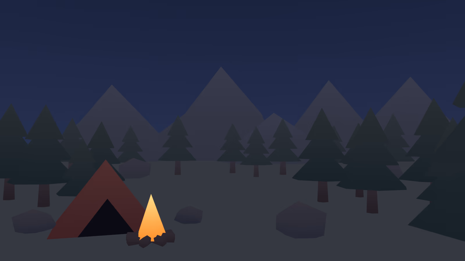 The unlit night campsite where the fire lights nothing around it