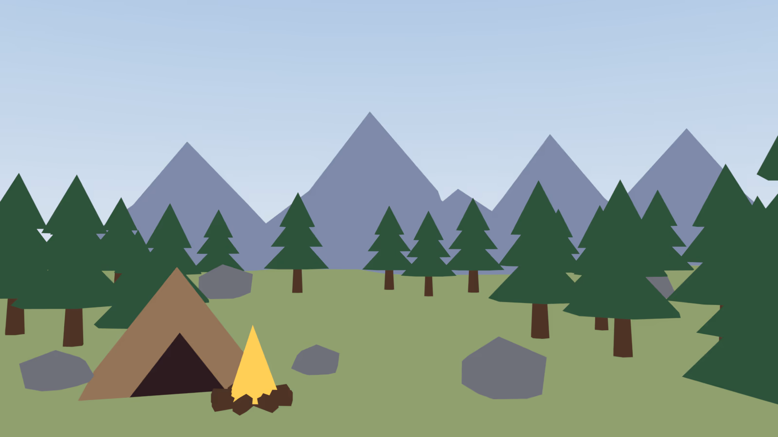 The unlit campsite with flat palette rows, looking like paper cut-outs