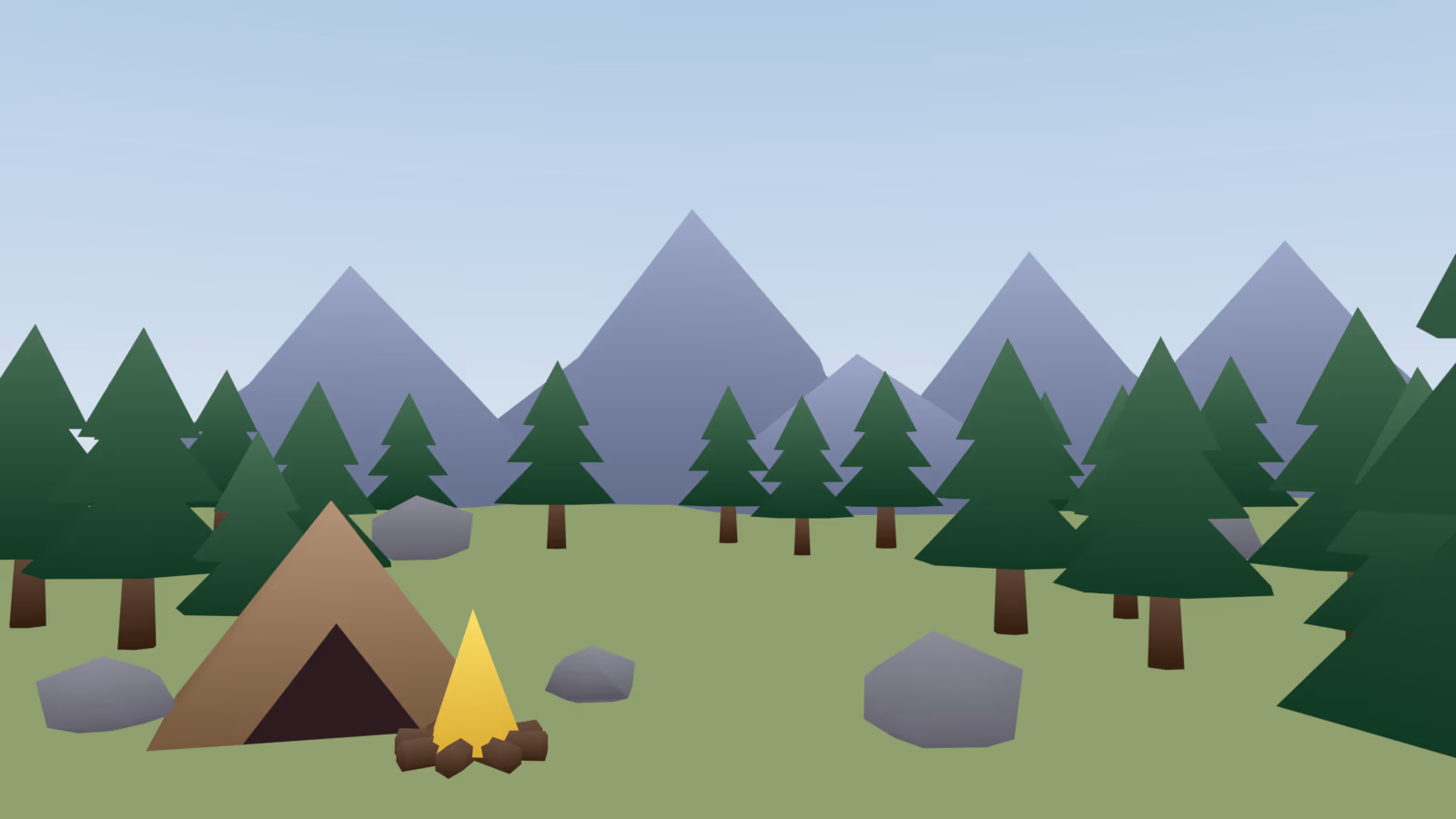 The same unlit campsite with gradient rows of the same colors, where trees and rocks look shaded and grounded