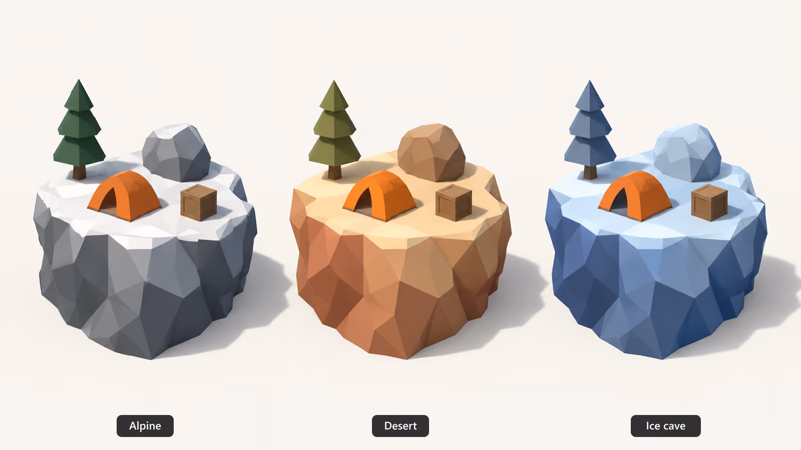 Three identical low-poly cliff dioramas in alpine, desert and ice cave palettes; the orange tent and brown crate stay the same color in all three