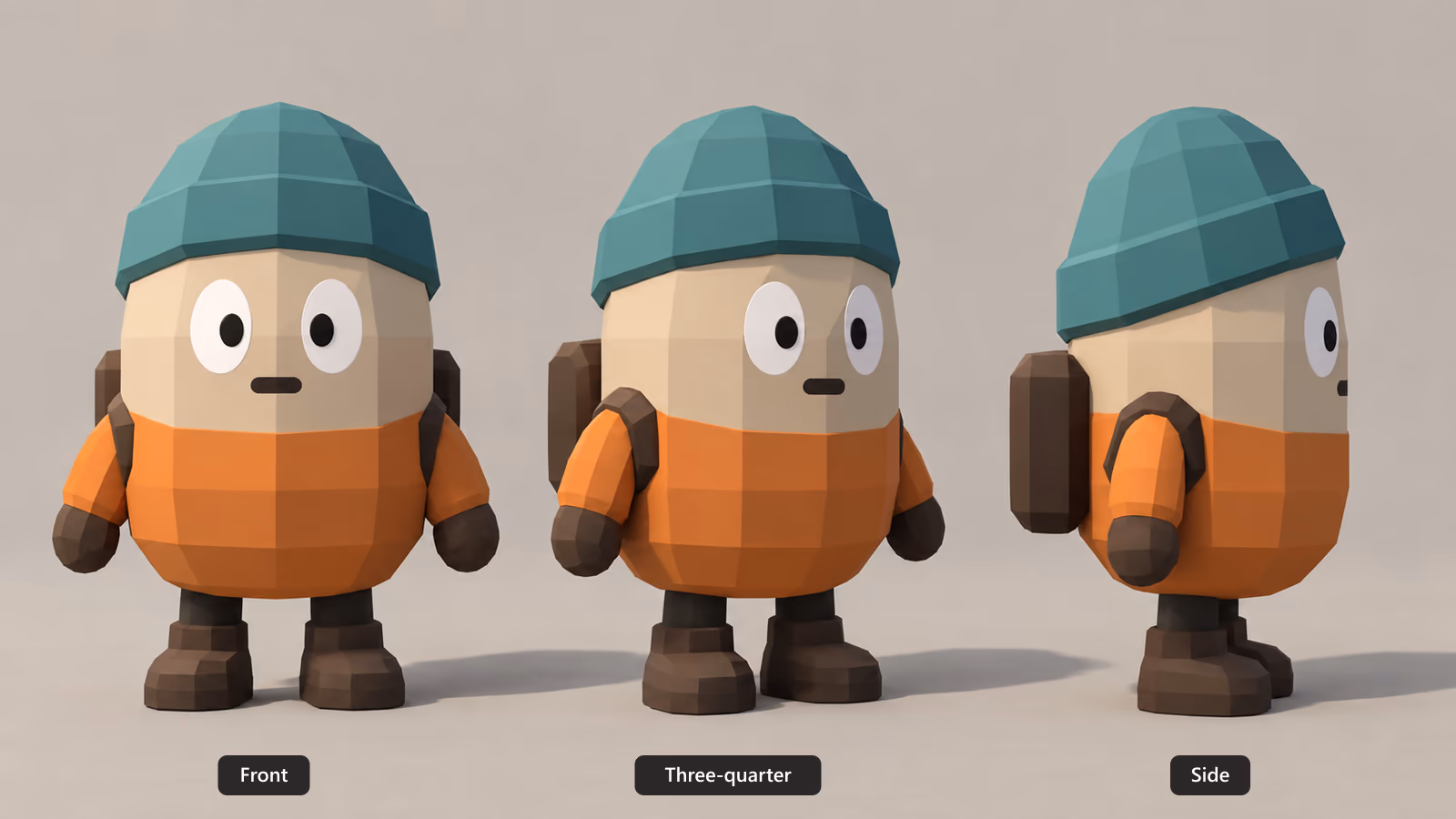 Turnaround of an original low-poly explorer character: a chunky faceted capsule body with a teal beanie, orange jacket, big white eyes and a small backpack, shown from front, three-quarter and side