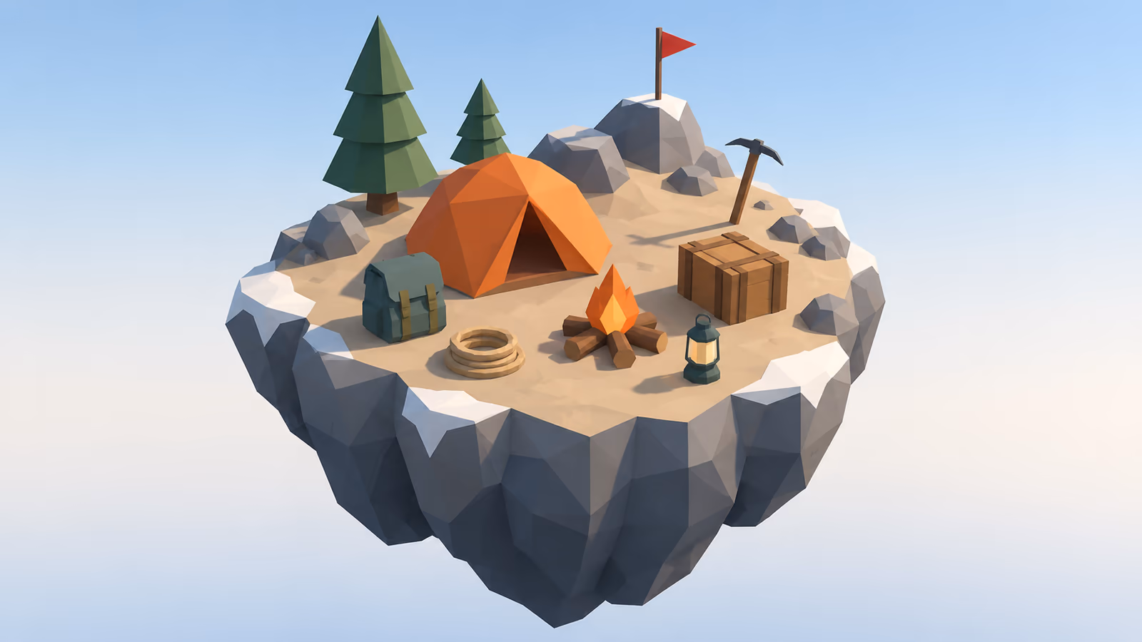 Low-poly mountain base camp diorama with a tent, backpack, rope, campfire, lantern and crate, textured with flat colors and soft gradients