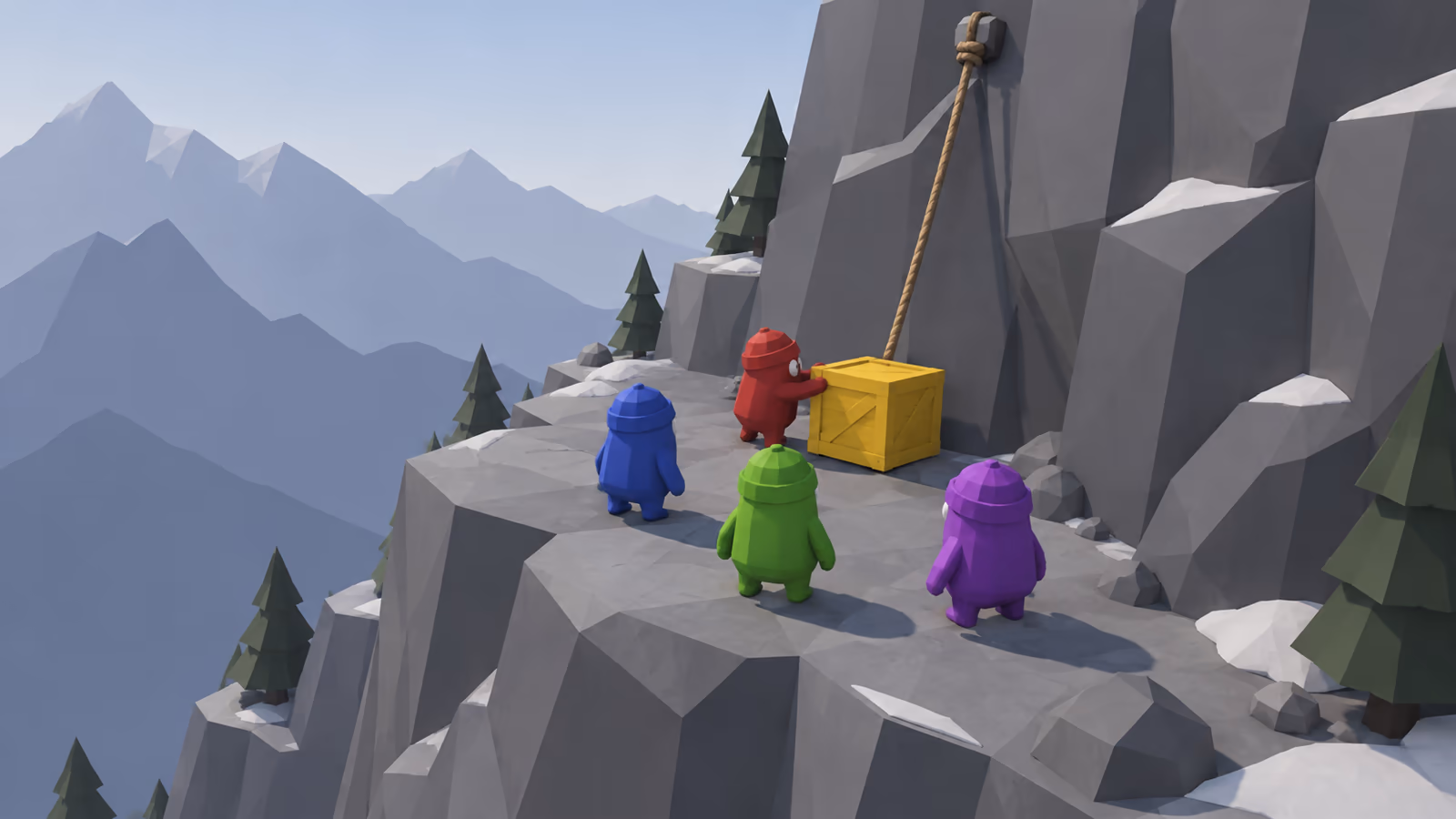 Low-poly co-op climbing scene: four brightly colored explorer characters and one yellow crate stand out against a muted grey mountain environment