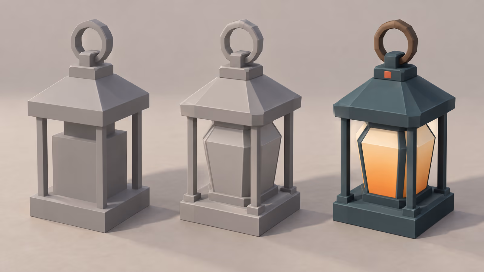 The same low-poly lantern shown three times: grey blockout, finished low-poly clay model, and palette-textured final prop