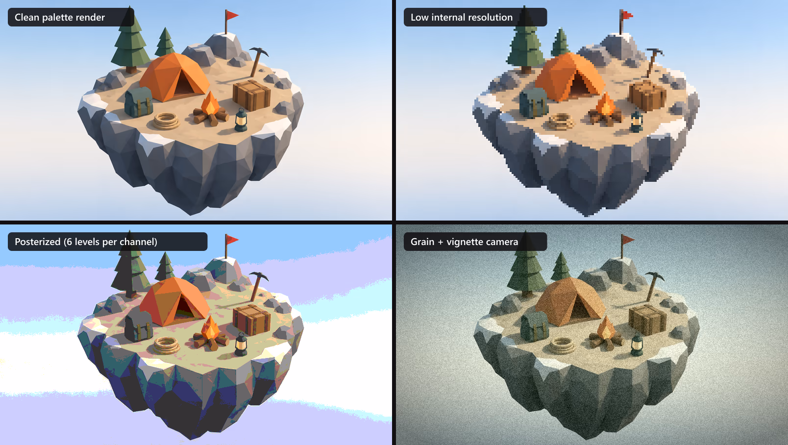 The same low-poly diorama four ways: clean render, low internal resolution pixelation, posterized colors, and a grainy camcorder look with vignette
