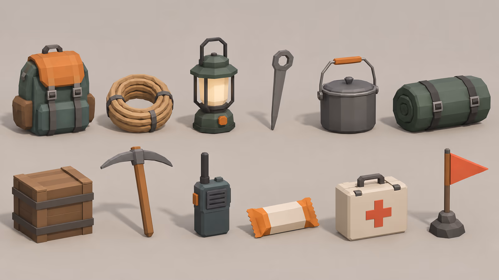 A kit of twelve low-poly expedition props for a co-op climbing game, all textured with one shared palette