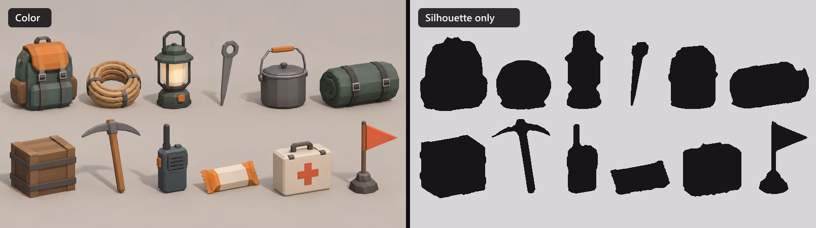 A kit of twelve low-poly props shown in color and as solid black silhouettes to test which props stay identifiable by outline alone