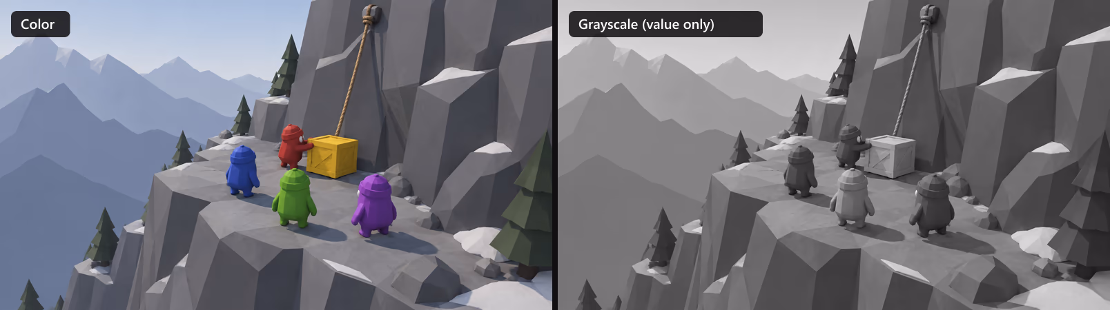 The same climbing scene in color and in grayscale, showing which characters keep enough contrast against the environment