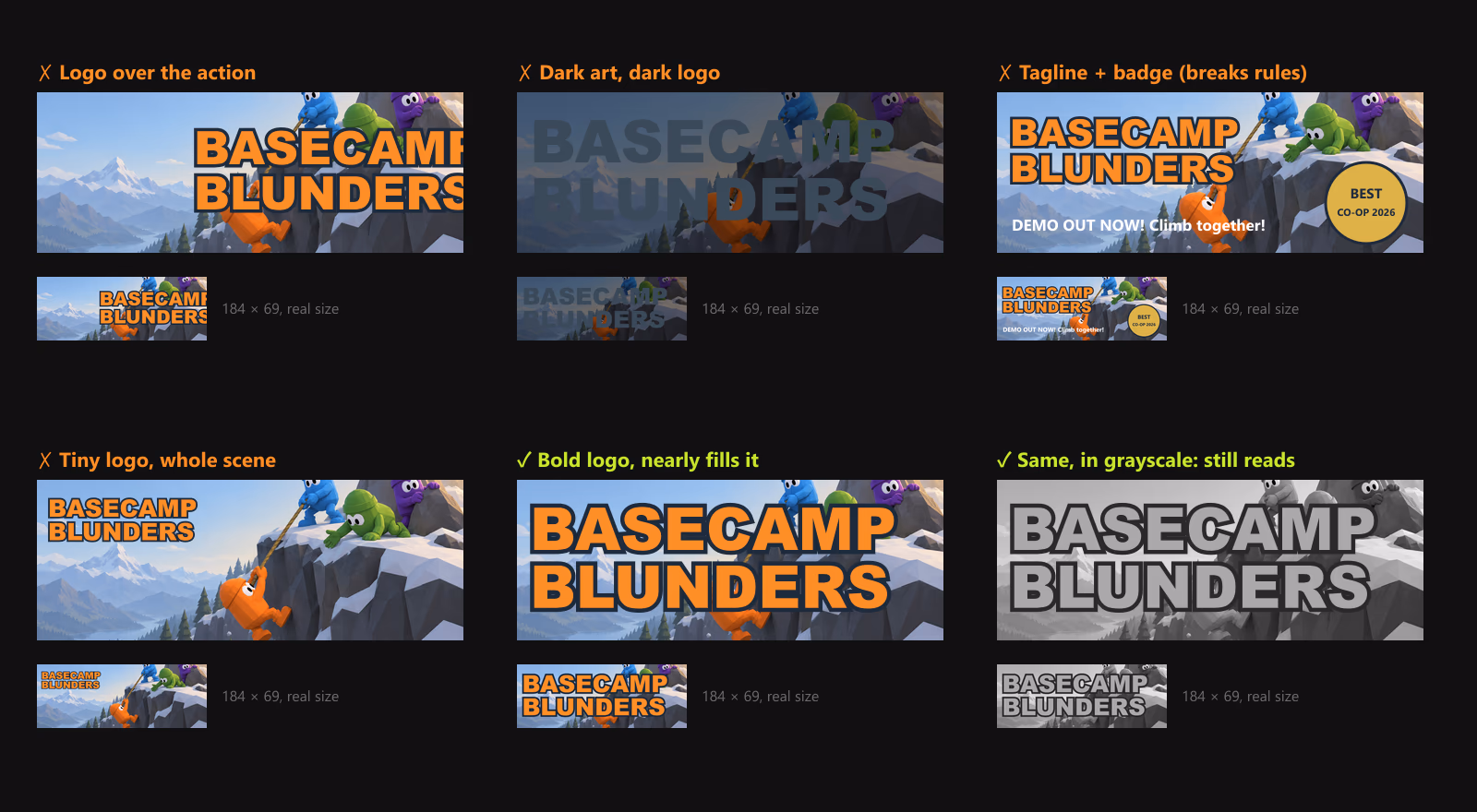 Six versions of the same small capsule: logo over the action, dark art with a dark logo, a tagline and fake award badge, a tiny logo, a bold logo that fills the capsule, and the same bold capsule in grayscale
