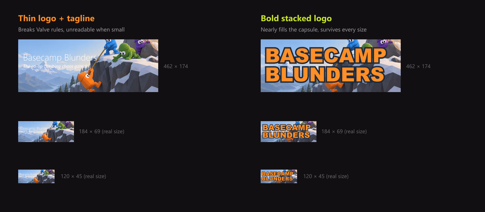 Two small capsule designs at 462, 184 and 120 pixels wide: a thin small logo with a tagline becomes unreadable, while a bold logo that fills the capsule stays readable