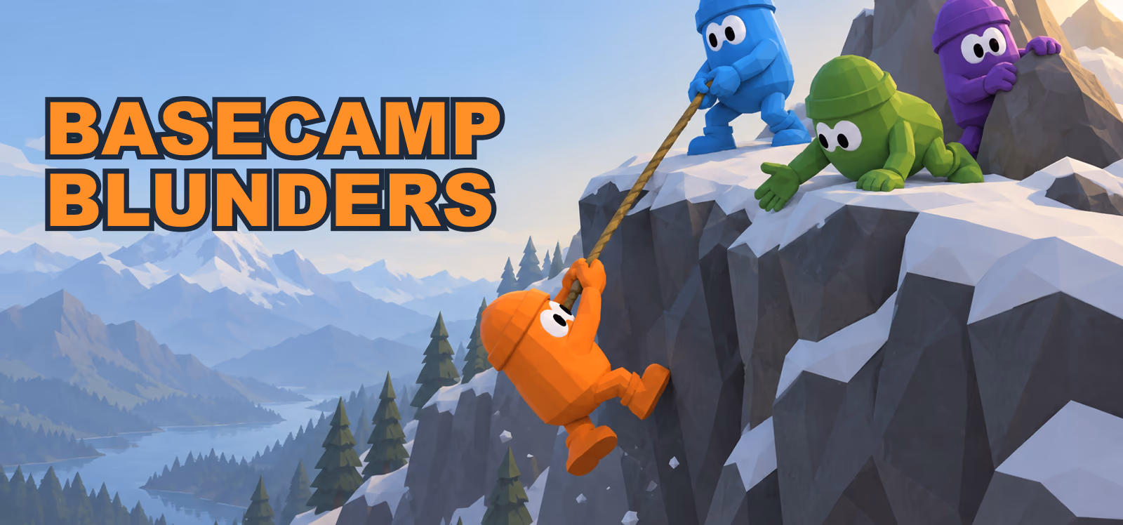 Header capsule for a mock stylized co-op climbing game: four low-poly explorers on a snowy cliff, one dangling from a rope, with a bold orange logo on the left