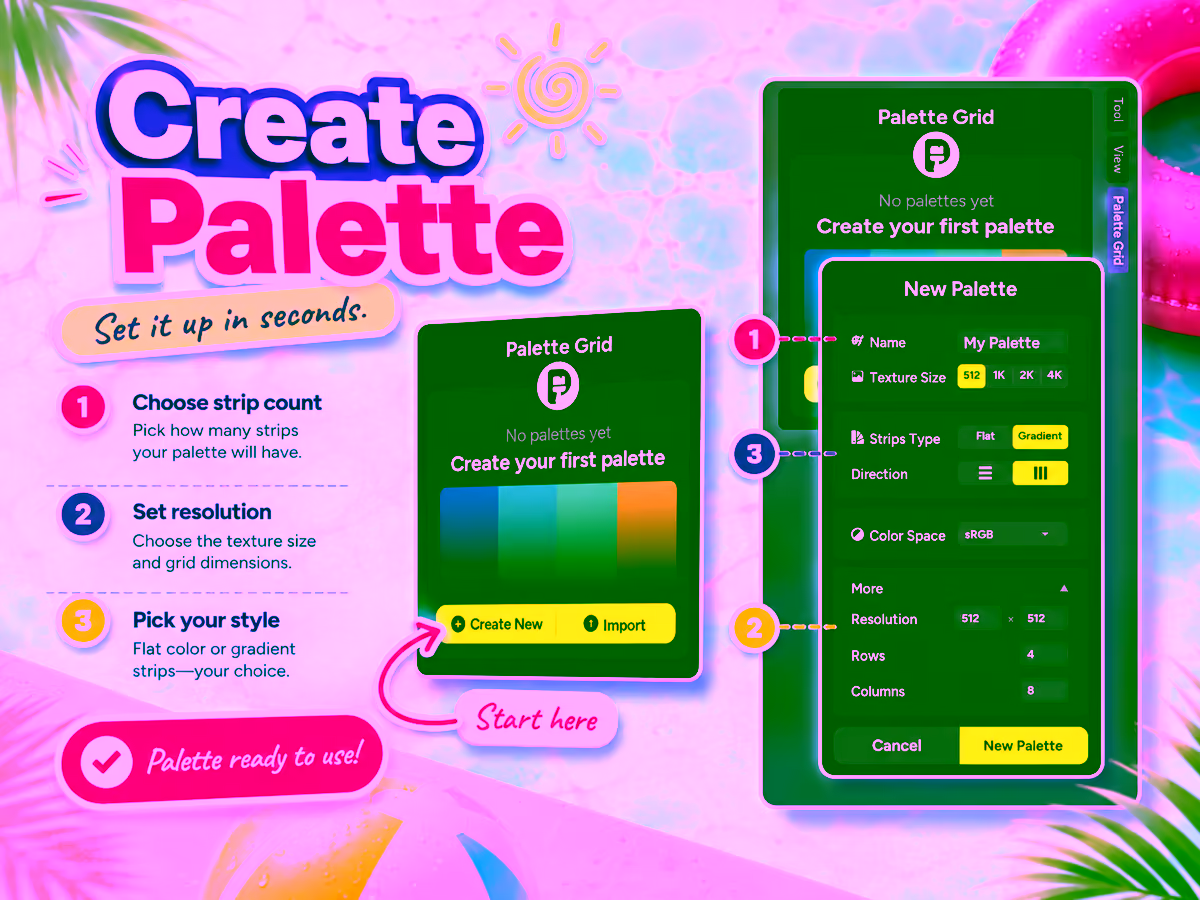 Palette Grid Create Palette dialog in Blender showing name, texture size, strip type, direction, colour space, rows and columns settings
