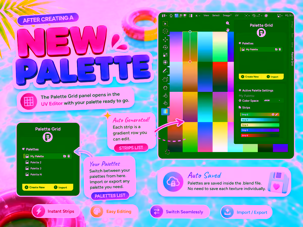 Palette Grid panel docked in the Blender UV Editor with an auto-generated strips list and a palettes list for switching, importing and exporting
