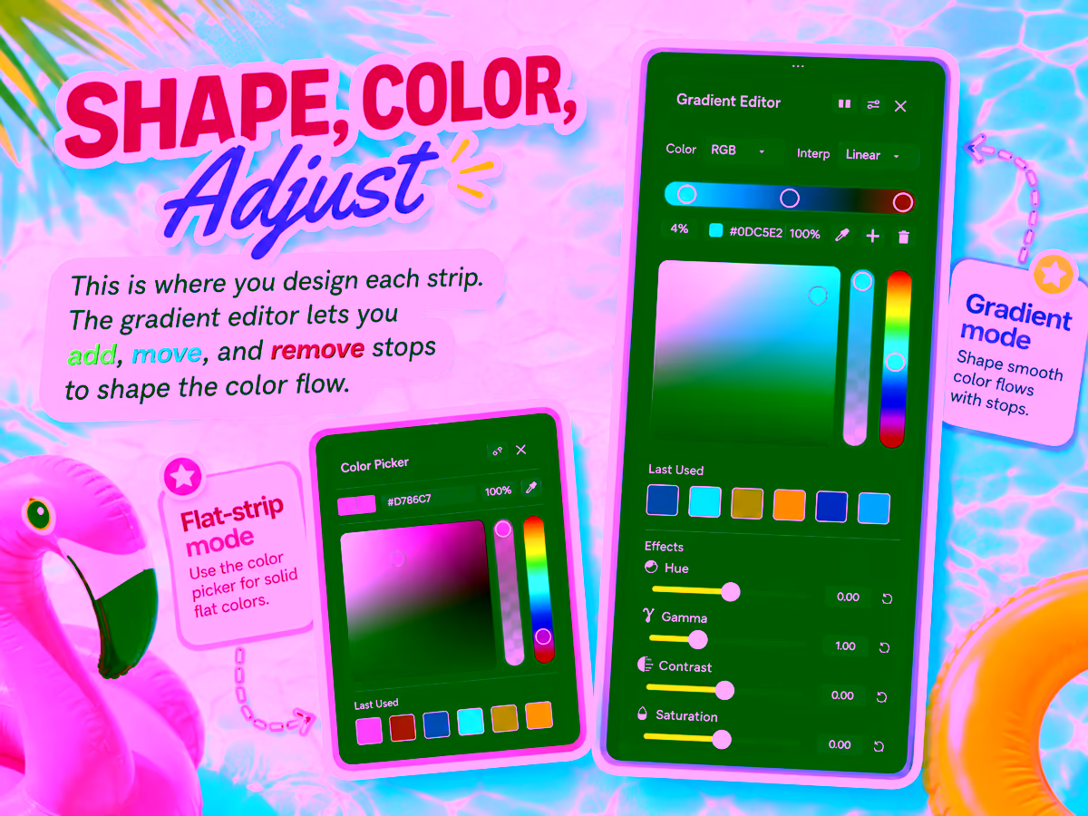 Palette Grid gradient editor showing colour stops, RGB and interpolation controls, and hue, gamma, contrast and saturation effect sliders