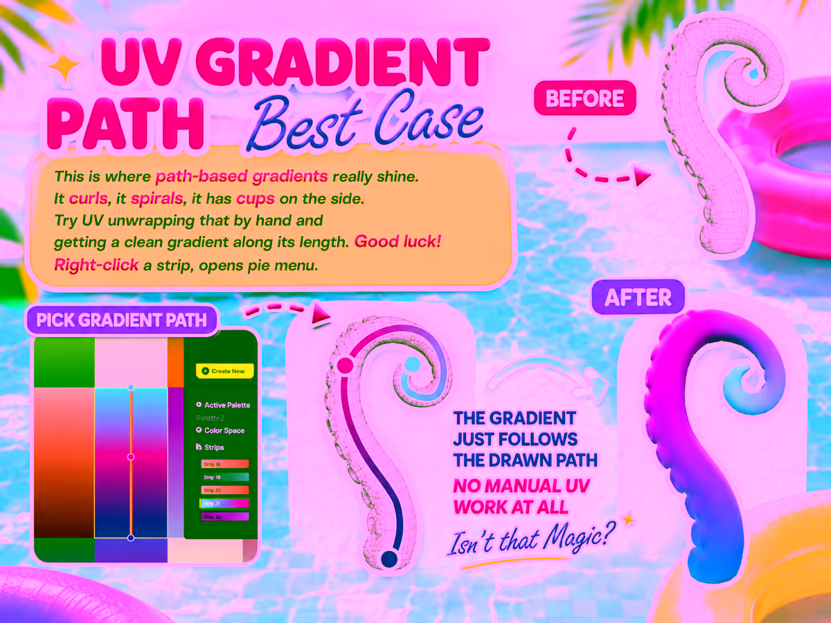 A spiralling tentacle with suckers, going from untextured wireframe to a smooth pink to blue gradient that follows the curl along its length