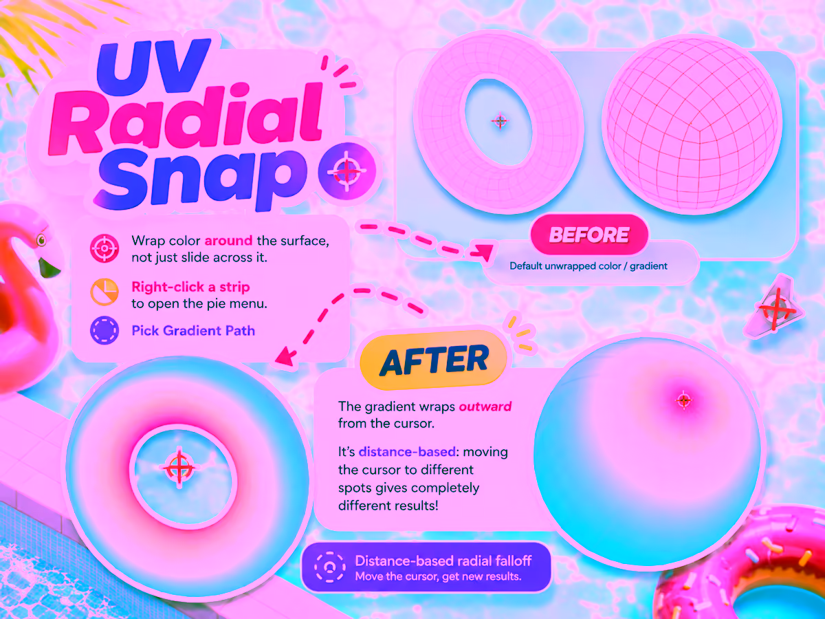 A torus and a sphere textured with Palette Grid Radial Snap, showing a distance-based gradient radiating outward from the 3D cursor