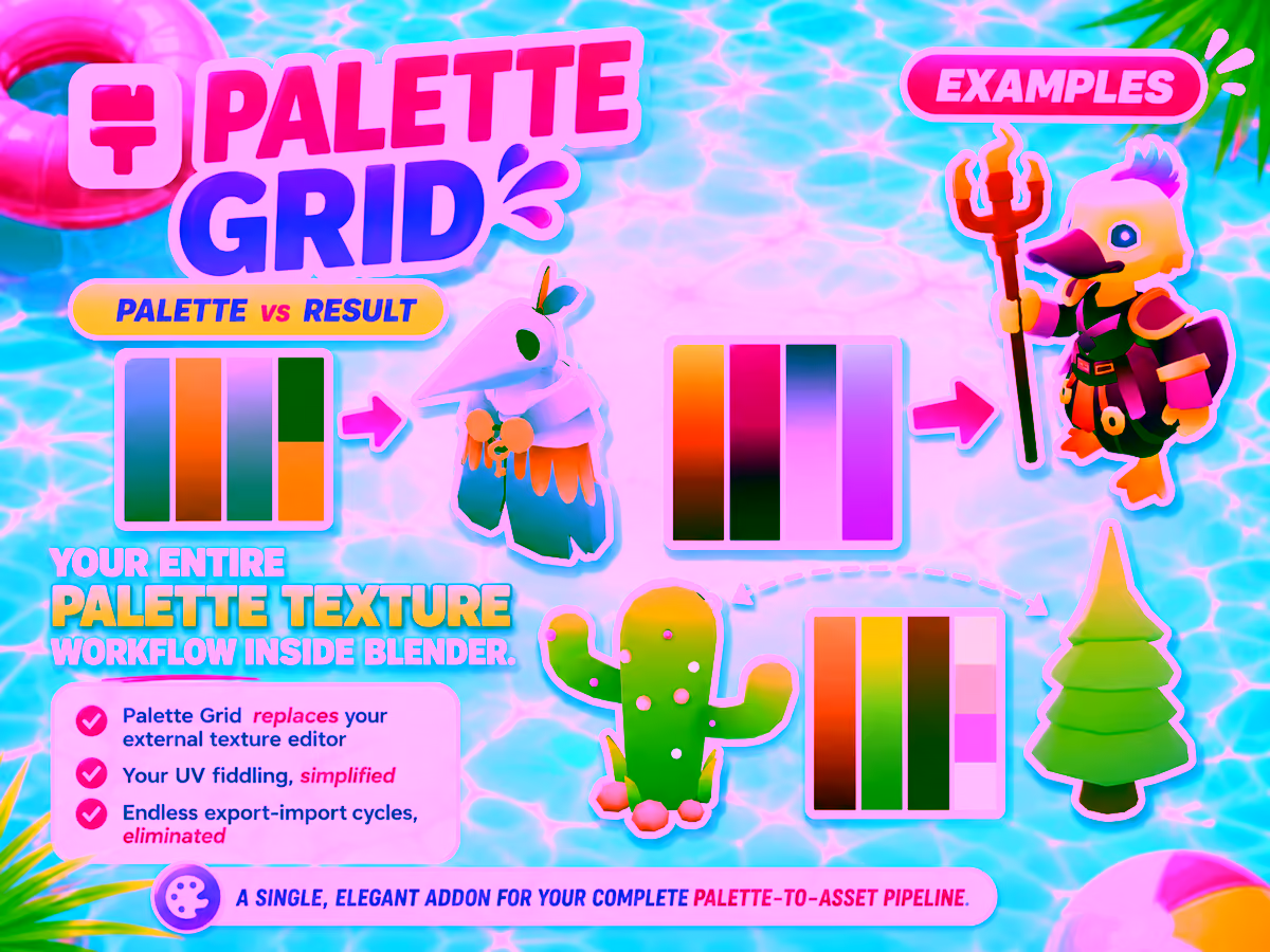 Four finished stylized 3D assets beside the small palette textures that colour them: a plague doctor bird, a duck knight with a trident, a cactus and a pine tree