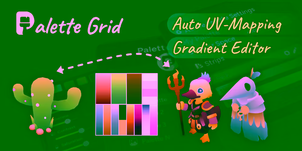 Palette Grid: a stylized cactus, duck knight and plague doctor bird beside the gradient palette textures that colour them, with the Blender gradient editor behind