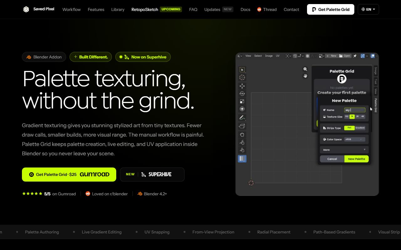 Palette Grid website: palette texturing without the grind, showing the addon creating a palette inside Blender