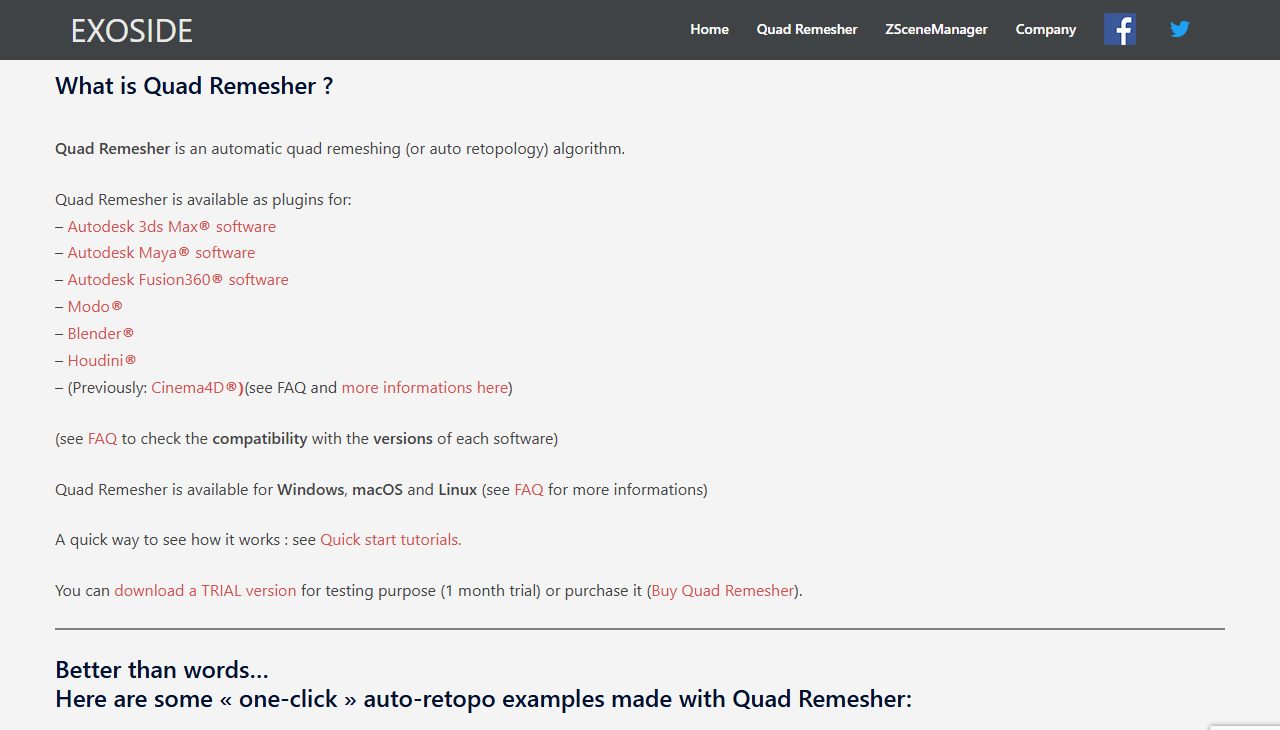 Exoside Quad Remesher website describing the automatic quad remeshing plugin for Blender, Maya, 3ds Max and more