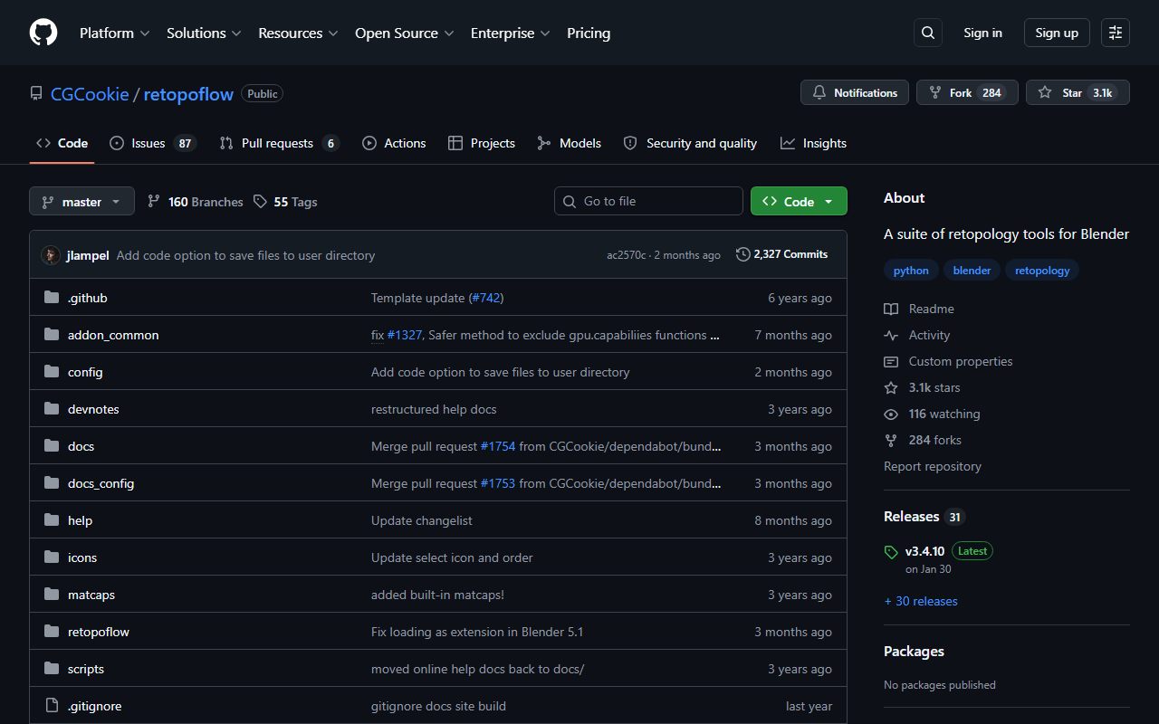 RetopoFlow GitHub repository: a suite of retopology tools for Blender by CG Cookie, 3.1k stars