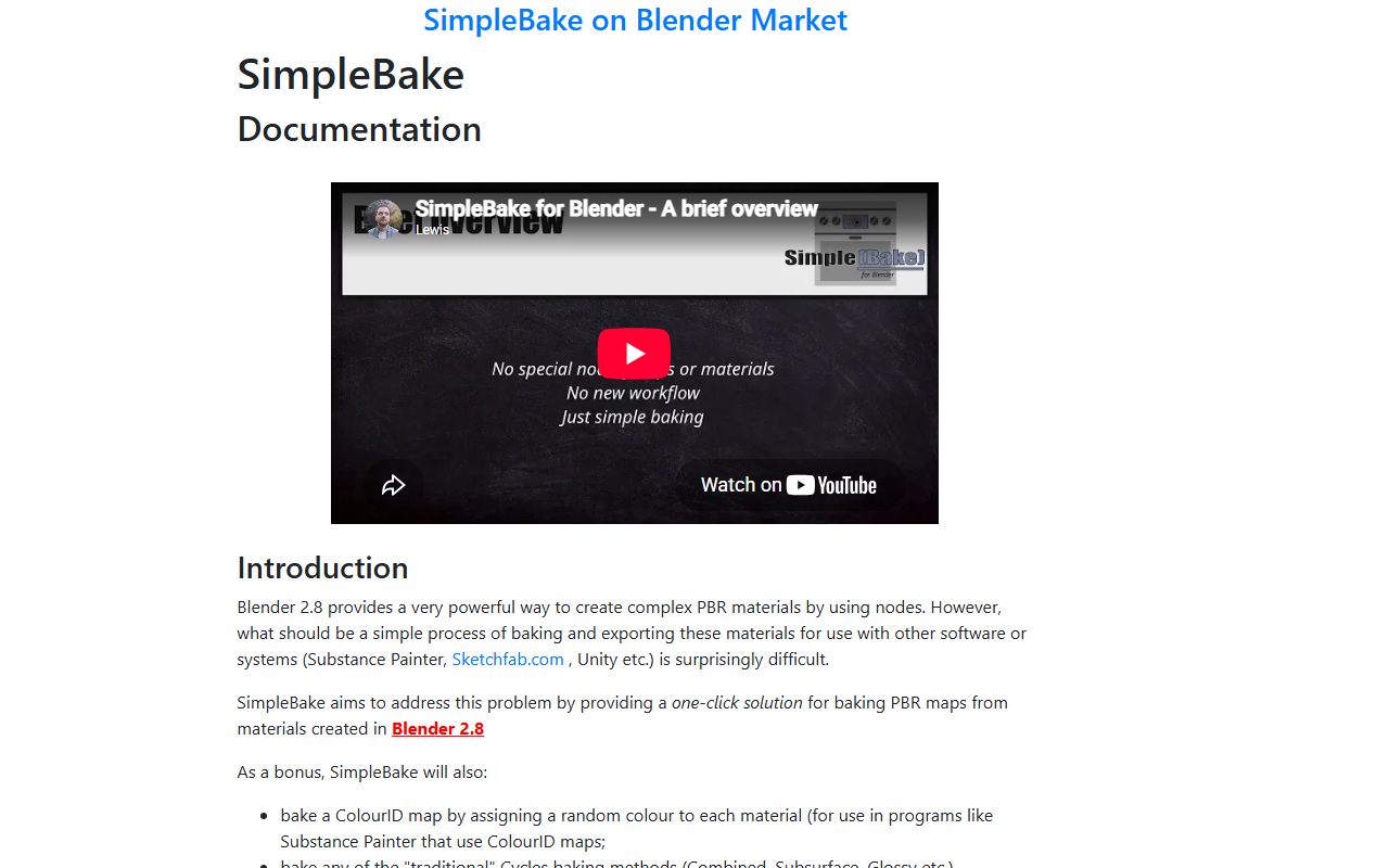 SimpleBake documentation page: no special nodes or materials, no new workflow, just simple baking