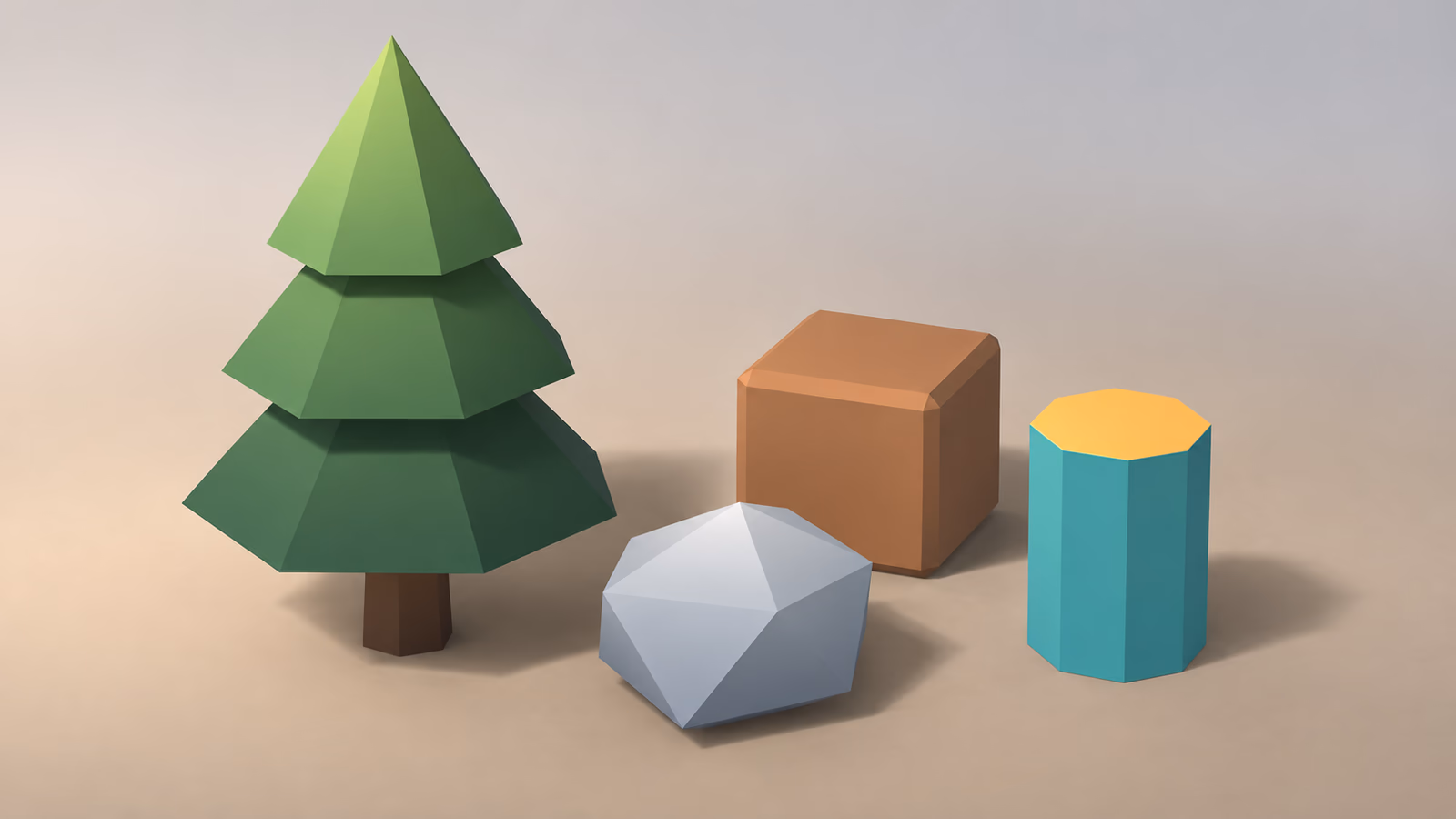 Low-poly tree, rock, crate and barrel, all textured with one small palette of flat colors and gradients