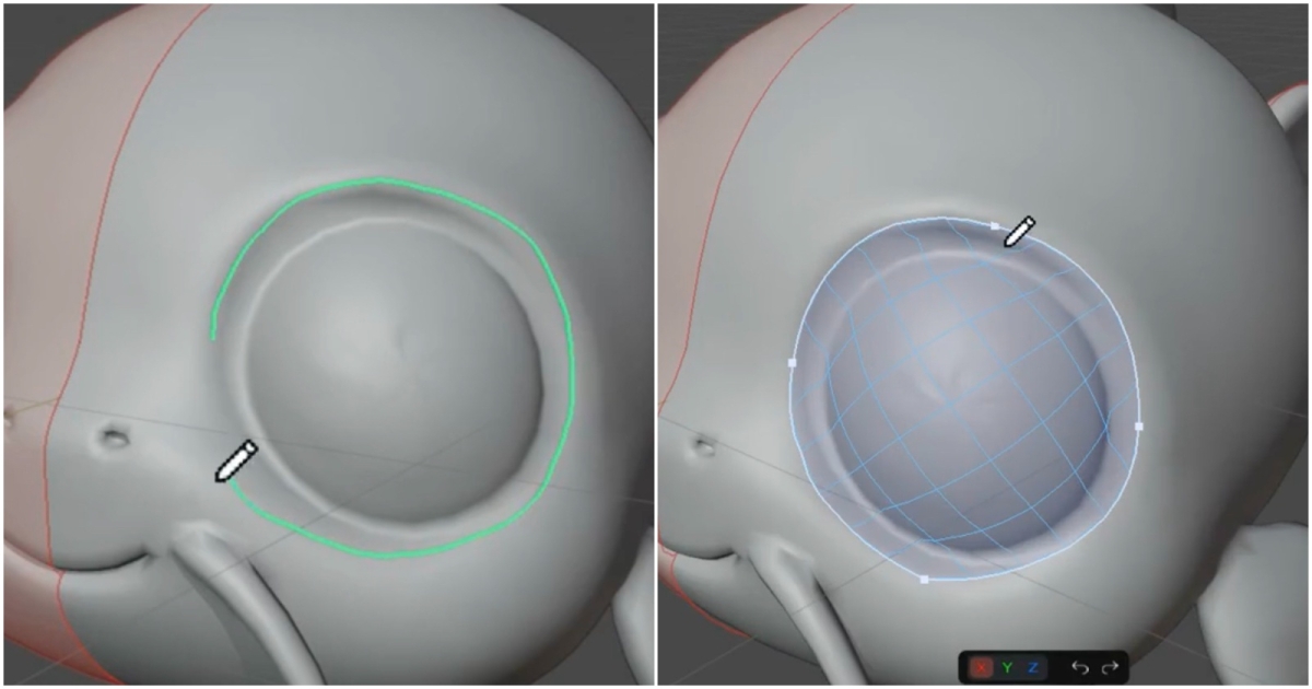 RetopoSketch preview: sketch strokes on a 3D sculpt converted into editable vector paths and connected quad topology
